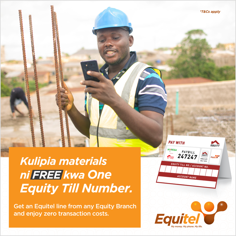 Are you putting up a structure or building a home? Pay for construction materials at any hardware using your Equitel line to the One Equity Till Number and enjoy FREE transaction costs. Get an Equitelline from any Equity Branch countrywide. #FREETransactionsOnEquitel