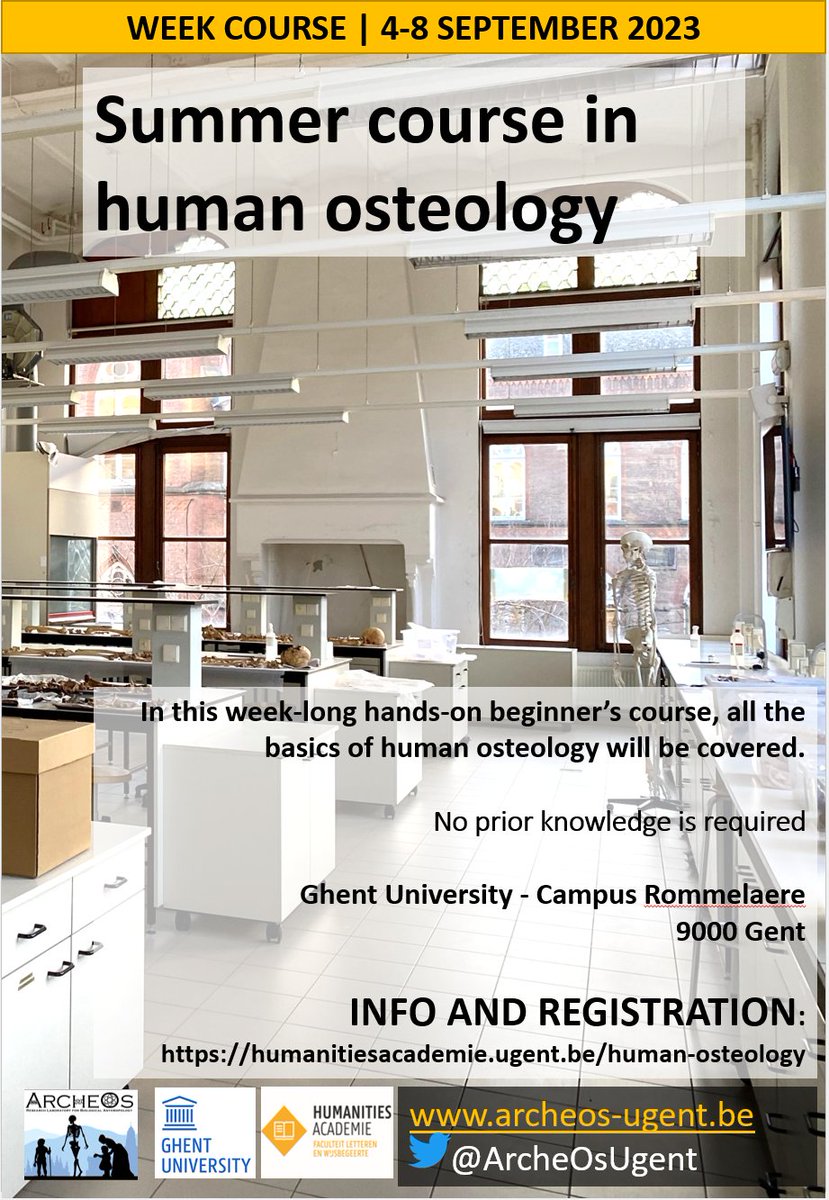 Final spots in our Human Osteology summer course! Register now humanitiesacademie.ugent.be/human-osteology  <a href="/ArcheOsUgent/">ArcheOs: UGent Lab for Biological Anthropology</a> <a href="/ArcheoUGent/">Archeologie UGent</a> <a href="/DeGrooteI/">Isabelle De Groote</a>  #biologicalanthropology #humanosteology