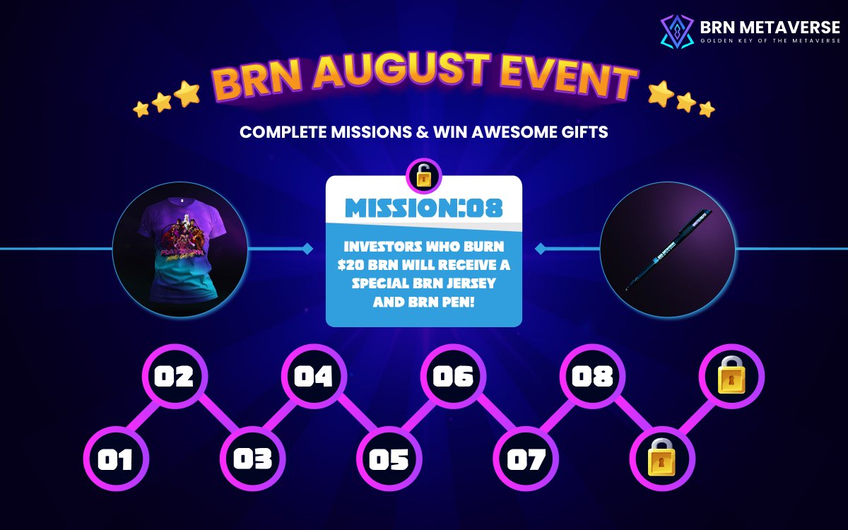 🔥 Stage 8 of our August goals! 🎊 All investors who burn BRN worth $20 will win a special edition BRN t-shirt and pen. 💡 The event will last for 2 days. Burn now to win amazing prizes! #Giveaway #Airdrop #BRNMetaverse