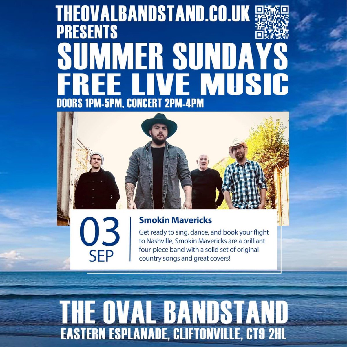 🎶🤠 #OvalSummerSundays concert on September 3rd at #TheOvalBandstand! 🎸🎤 The awesome #SmokinMavericks take the stage! 🤘🎵

🕒 Doors open at 1pm, and the concert starts from 2pm to 4pm! 🕒 

#cliftonville #margate #livemusic #lovethanet #visitthanet #broadstairs #ramsgate