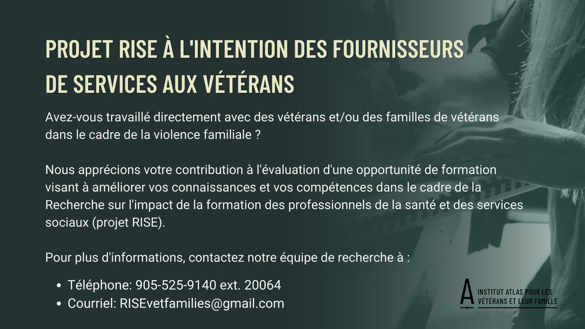 Êtes-vous un #fournisseur de soins de santé ou de services sociaux? Avez-vous travaillé avec des #vétérans ou leur #famille? Participez à une étude évaluant la faisabilité d’un programme de formation pour aider à reconnaître la violence familiale! bit.ly/3KOlLjp