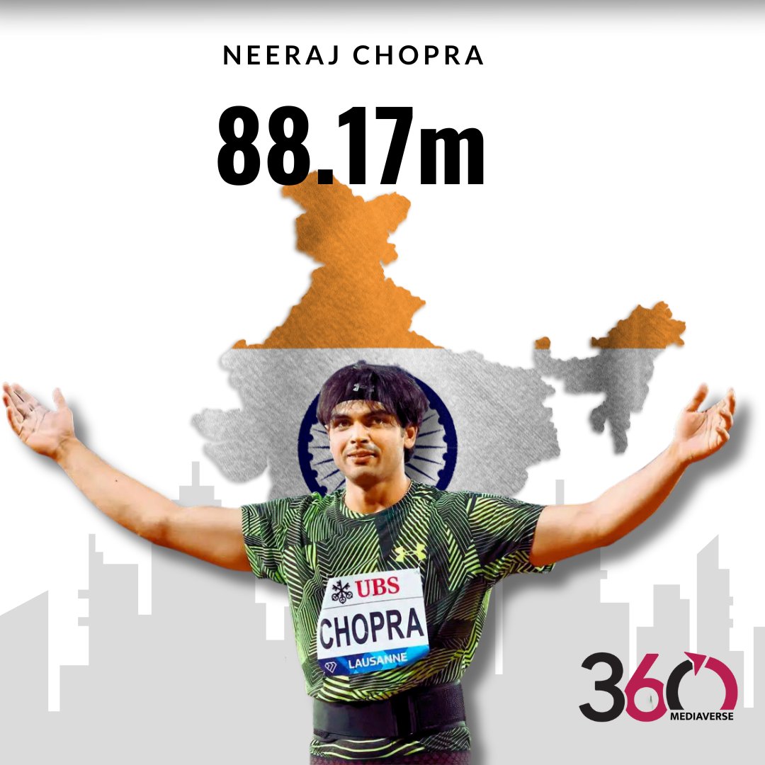 360mediaverse's tweet photo. Neeraj Chopra gets gold! 88.17m throw secures top spot for Indian, country’s first-ever Athletics.

While the whole world celebrates the golden win of Neeraj Chopra at the 'World Athletics Championship 2023',
We wish to continue rejoicing in all his achievements 
#NeerajChopra https://t.co/To61d75klp