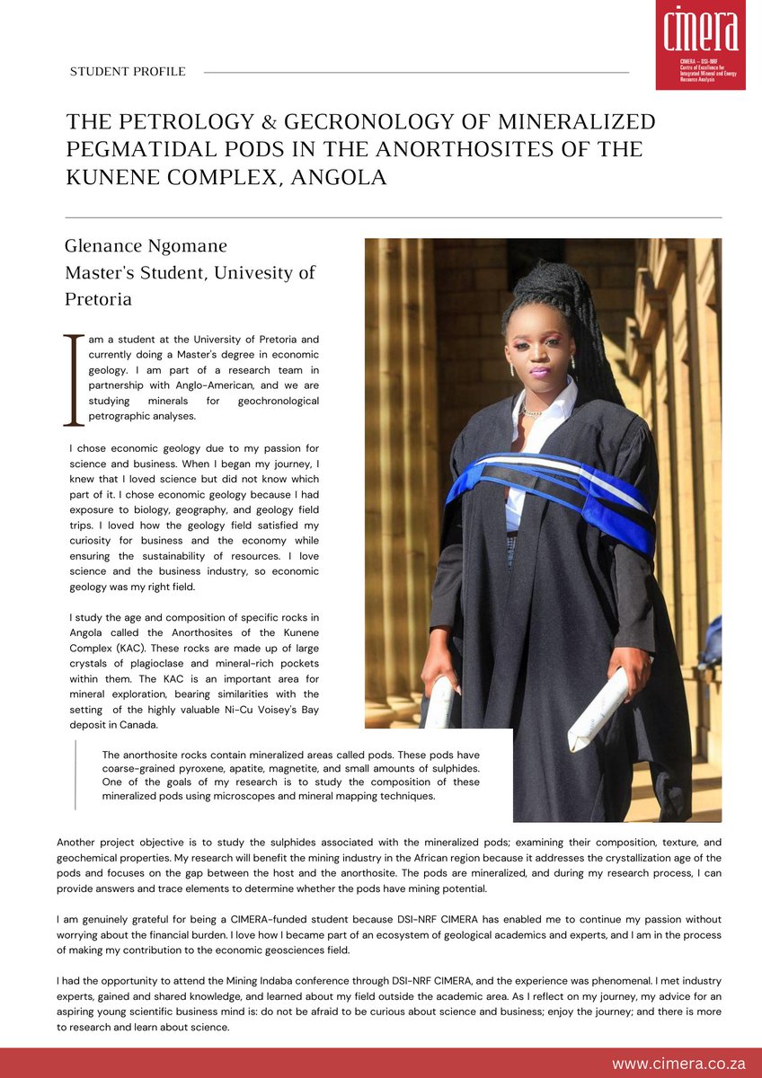 CimeraSA's tweet photo. As we bid farewell to Women's Month in South Africa, Glenance Ngomane, MSc student at the University of Pretoria, shares her research journey in researching anorthosites of the Kunene Complex, Angola. 
 #EmpoweredMinds #DSINRFCIMERA #WomenInGeology #universityofpretoria https://t.co/IM2iKdfMFn