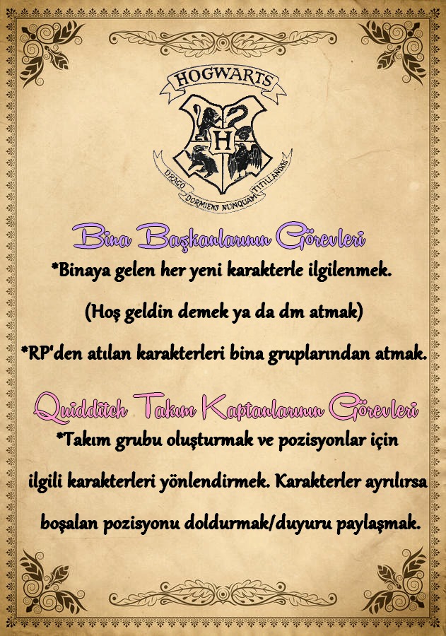 🔴🟡Duyuru🟢🔵
Bina başkanlığı ve Quidditch takım kaptanlığı için başvurular açılmıştır. Görevleri yerine getirebilecek karakterlerin başvuru yapması rica olunur. Başvuru süresi 2 gündür ve yönetime dm atılarak sağlanacaktır.
