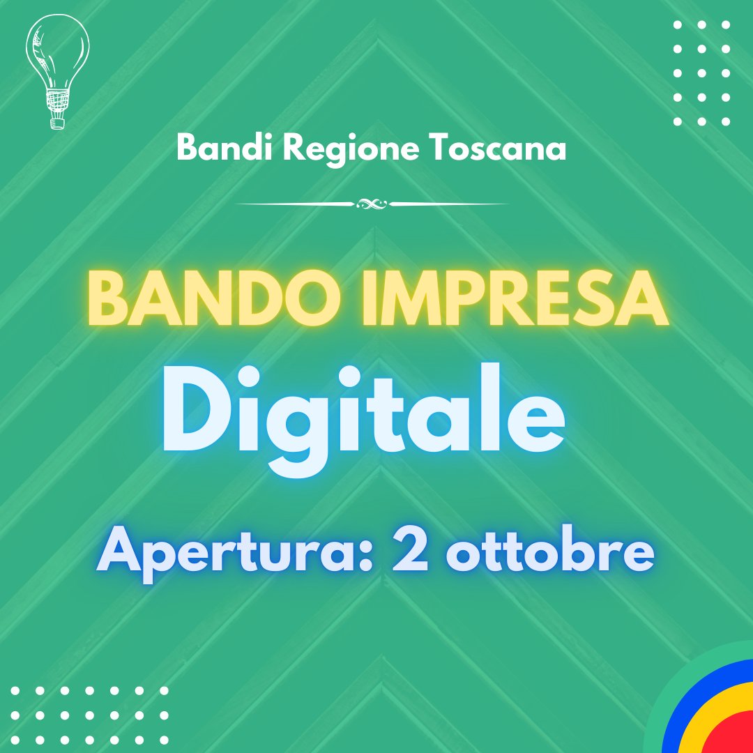 È stata posticipata al 2/10 l'apertura della piattaforma per presentare progetti a valere sul bando Impresa Digitale della Regione Toscana.
Vuoi prepararti alla presentazione del tuo progetto?
𝗖𝗼𝗻𝘁𝗮𝘁𝘁𝗮𝗰𝗶 𝗽𝗲𝗿 𝗽𝗮𝗿𝗹𝗮𝗿𝗻𝗲 𝗰𝗼𝗻 𝗹𝗲 𝗻𝗼𝘀𝘁𝗿𝗲 𝗲𝘀𝗽𝗲𝗿𝘁𝗲!