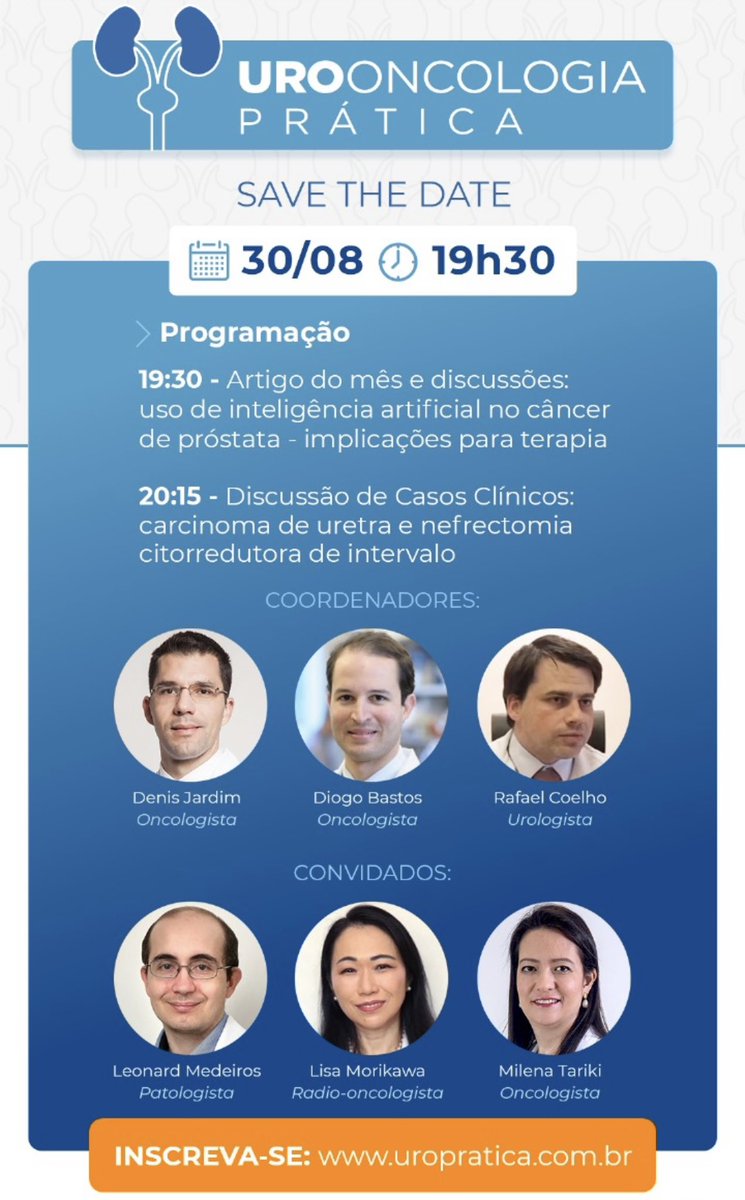 Denis Jardim (@jardim_denis) on Twitter photo This Wednesday we will go deeply into discussions about #ArtificialInteligence in #prostatecancer and real-life cases. Practical and important topics.
👉08/30/23 ⏰7:30 pm (GMT-3).
<a href="/RafaelFCoelho2/">Rafael Coelho</a> <a href="/DiogoAssed/">Diogo Assed Bastos</a> <a href="/MilenaTariki/">Milena Tariki</a> This Wednesday we will go deeply into discussions about #ArtificialInteligence in #prostatecancer and real-life cases. Practical and important topics.
👉08/30/23 ⏰7:30 pm (GMT-3).
<a href="/RafaelFCoelho2/">Rafael Coelho</a> <a href="/DiogoAssed/">Diogo Assed Bastos</a> <a href="/MilenaTariki/">Milena Tariki</a>