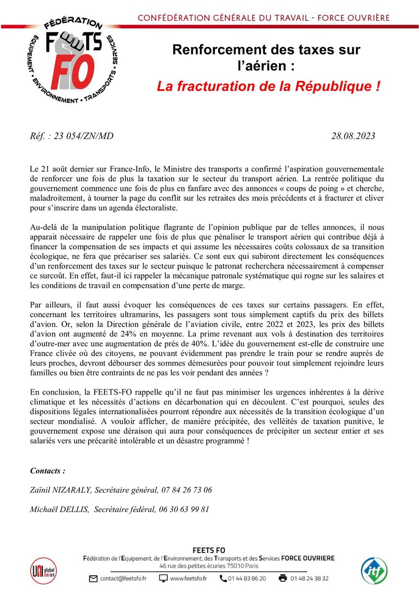 Renforcement des taxes sur l’aérien : La fracturation de la République ! cutt.ly/3wj4V5JS <a href="/FeetsFO/">FEETS FO</a> <a href="/force_ouvriere/">force_ouvriere</a> <a href="/SouillotFo/">Souillot Frédéric</a> <a href="/Snpnc_Fo/">SNPNC-FO</a> <a href="/FO_AF/">FO Air France</a>