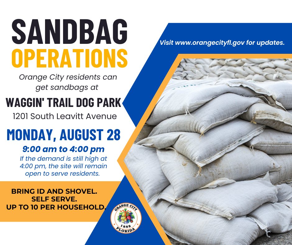 Residents may pick up sandbags at the Waggin’ Trail Dog Park, 1201 S Leavitt Ave, on Monday, 8/28, from 9am to 4 pm. Sand &amp; bags will be provided. Residents must bring their own shovel and fill their own bags. There is a limit of 10 sandbags per household. ID is required.