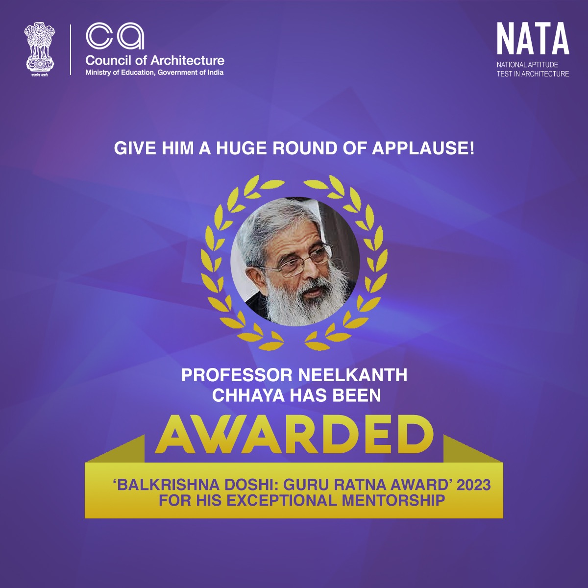 CouncilofArchi1's tweet photo. Warmest #congratulations to Prof. Neelkanth Chhaya for being awarded the "Balkrishna Doshi: Guru Ratna Award' 2023".
Your perseverance and dedication towards education is unparalleled.#COA #professorarchitecture #CouncilofArchitecture #architectstudent #futurearchitects https://t.co/eb3q0B0YWG