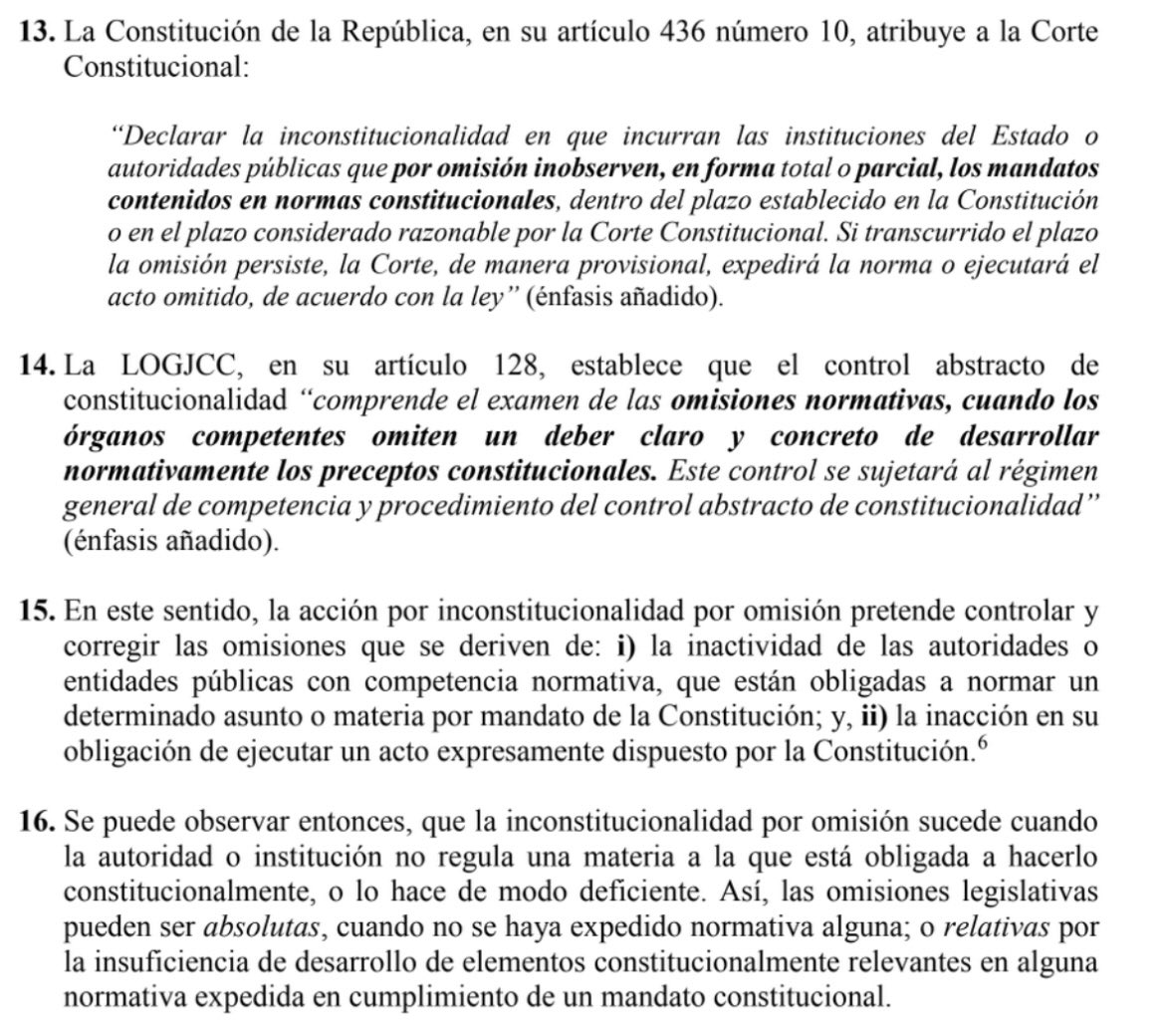 VeronicaLHM's tweet photo. 🟠Sobre la acción de inconstitucionalidad por omisión:

🔸Esta acción pretende controlar y corregir omisiones que se deriven de: 

i) la inactividad de las autoridades o entidades públicas con competencia normativa, que están obligadas a normar un determinado asunto o materia por mandato de la Constitución; y, 

ii) la inacción en su obligación de ejecutar un acto expresamente dispuesto por la Constitución. 

▶️Sentencia No.  1-20-IO/23