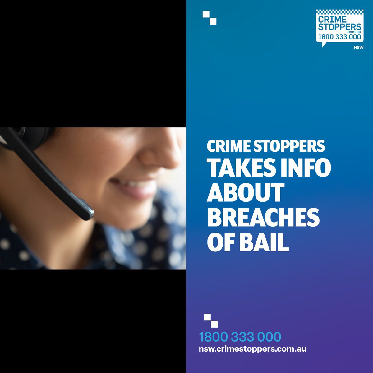 Is someone you know BREACHING BAIL?

You can report what you know online at crimestoppers.com.au/home or call us on 1800 333 000 (24/7).