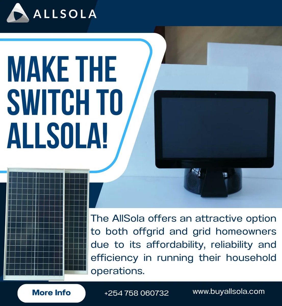 AllSola_22's tweet photo. The AllSola offers a reliable alternative for both off-grid and grid residents as it enables them to run most household operations. Contact us on +254 758 060732 or visit https://t.co/zhGo9RRIHk

#Solar #blackout #Business #Technology #Digital #Energy #Economy #Offgrid #Africa https://t.co/YN9HkXNkuK