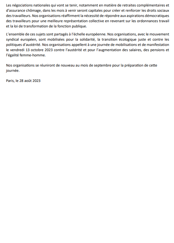 || COMMUNIQUE DE PRESSE COMMUN || L'ensemble des organisations syndicales, avec le mouvement syndical européen, appellent à une journée de mobilisation le 13 octobre, contre l'austérité, pour l'augmentation des salaires, des pensions et l'égalité femmes-hommes