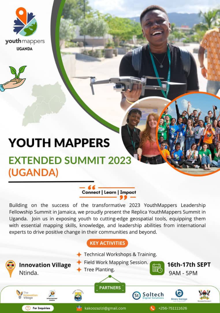 🌍 Join us at the 2023 YouthMappers Summit in Uganda! This is your chance to learn from international experts and network with like-minded youth. 🗓 Sept 16th-17th, both online (Zoom) and at Innovation Village Ntinda. Register now to secure your spot. bit.ly/3OR0G9j