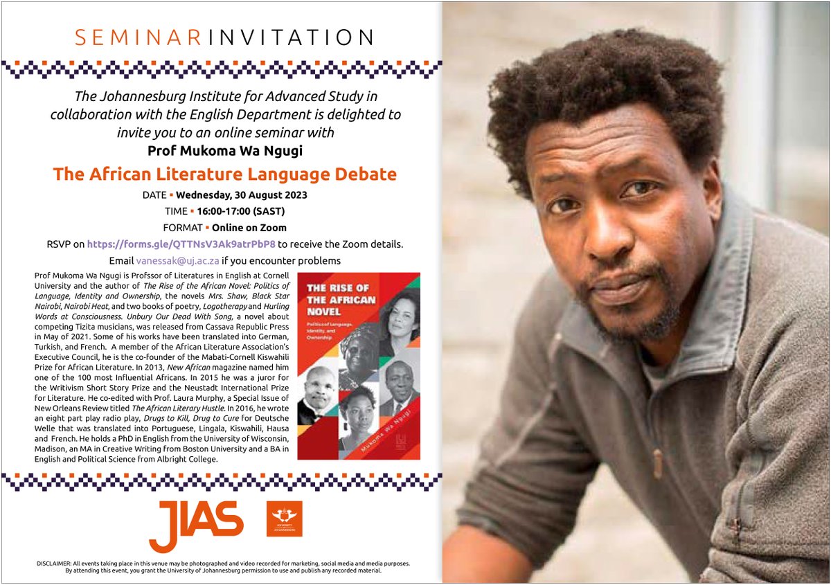 JIAS_UJ's tweet image. You are kindly invited to the seminar titled: "The African Literature Debate".

Date: 30 August 2023
Time: 16:00 - 17:00 (SAST)
Format: Zoom

RSVP on forms.gle/QTTNsV3Ak9atrP… to receive the Zoom details.