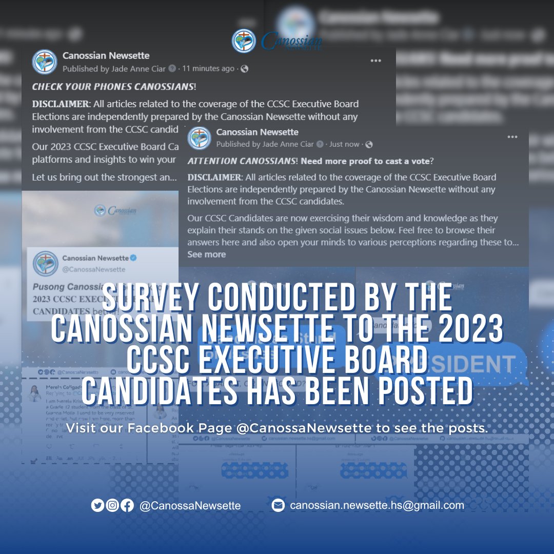 CanossaNewsette's tweet photo. Survey conducted by the Canossian Newsette to the 2023 CCSC Executive Board Candidates has been posted. Visit our Facebook Page @CanossaNewsette to see the posts!
#CCSC2023
#CCSCElections2023
#ServiceinLove
#WeFormHearts
#FromTheHeart https://t.co/bsnfrf53hP