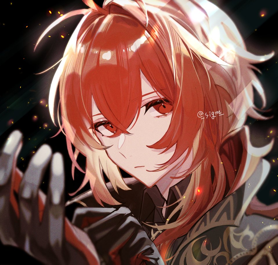 diluc (genshin impact) 1boy male focus red hair red eyes gloves solo bangs  illustration images