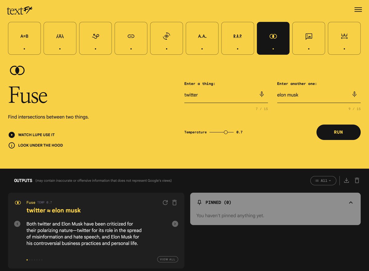 ayysoni's tweet image. I tried the new Google&apos;s AI tool #textfx 👀

&quot;Both twitter and Elon Musk have been criticized for their polarizing nature—twitter for its role in the spread of misinformation and hate speech, and Elon Musk for his controversial business practices and personal life.&quot;
