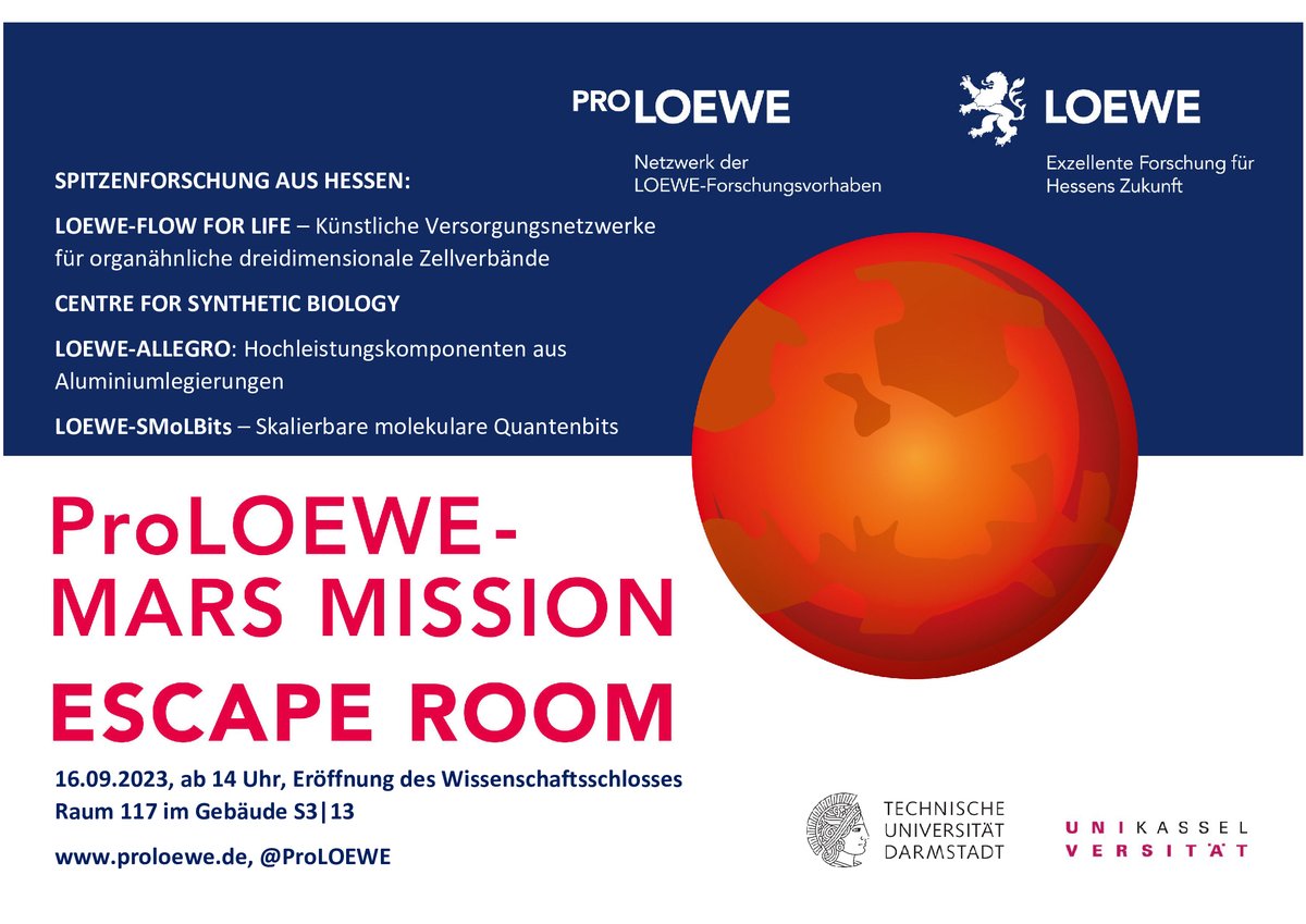 🚀Nächster Einsatz für die👩🏻‍🚀👨🏼‍🚀ProLOEWE MARS MISSION: Lust auf ein #Weltraumabenteuer? Dann besucht unseren ProLOEWE-#EscapeRoom bei der Eröffnung des🏰Wissenschaftsschlosses in #Darmstadt, 16.09.23, ab 14 Uhr, Stadtmitte #Grundlagenforschung #Hessen. Mehr➡️proloewe.de/de/aktuelles/n…