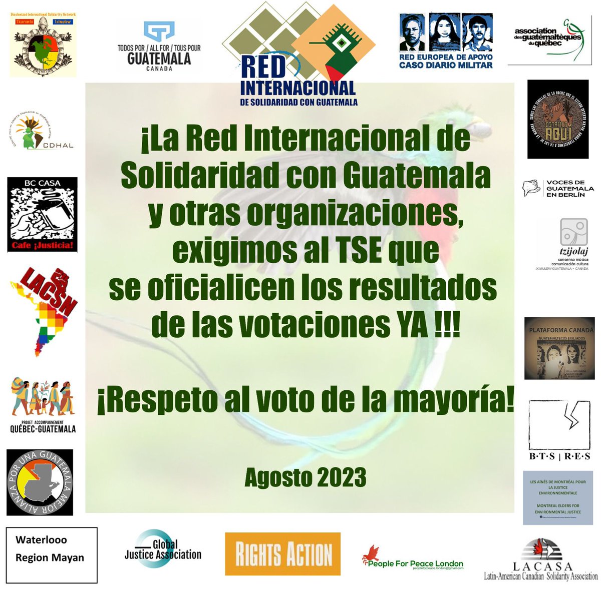 La Red Internacional de Solidaridad con Guatemala y otras organizaciones se une al pueblo de #Guatemala en exigir que se oficialicen los resultados de las votaciones. 
El respeto al voto es uno de los principios basicos para una sociedad democrática.
#EleccionesGT2023