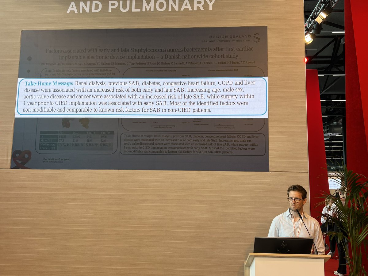 Many relevant findings from PhD student <a href="/kasperbengtsen/">Kasper Bengtsen</a> in his national study on risk factors associated with early and late S. aureus bacteraemia in CIED pts presented at #ESCCongress 🫀🧫

Congratulations on the hard work!👏👏

#ESC2023 #DCS_ESC23