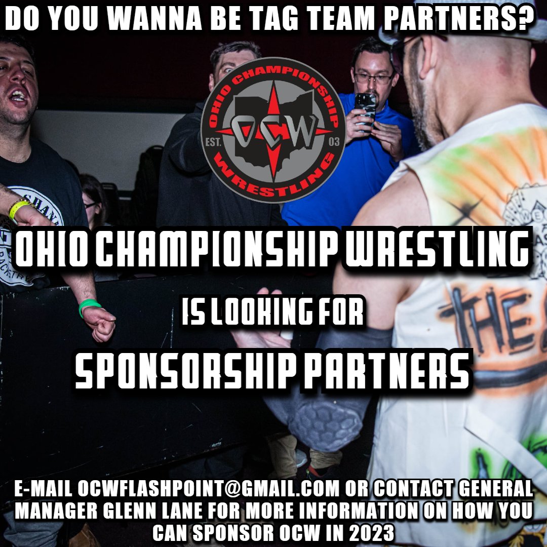 Ohio Championship Wrestling is looking for businesses, groups, and individuals to partner with for our upcoming events throughout 2023! With your help, OCW can continue to grow and help bring our brand of pro wrestling entertainment to the greater Akron, OH area!
