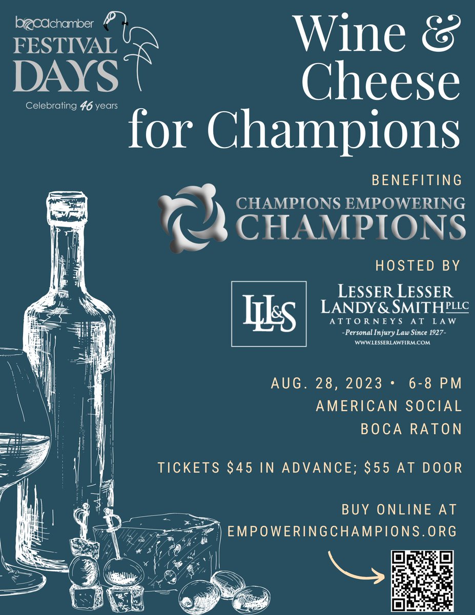 LesserLawFirm's tweet photo. Tonight's the night! We're celebrating the great work of @ChampionsEmpow1 for @bocachamber Boca Festival Days! We hope to see you there. #bfd2023
Tickets https://t.co/fSPX3zgZYZ https://t.co/UVxR5buuGt