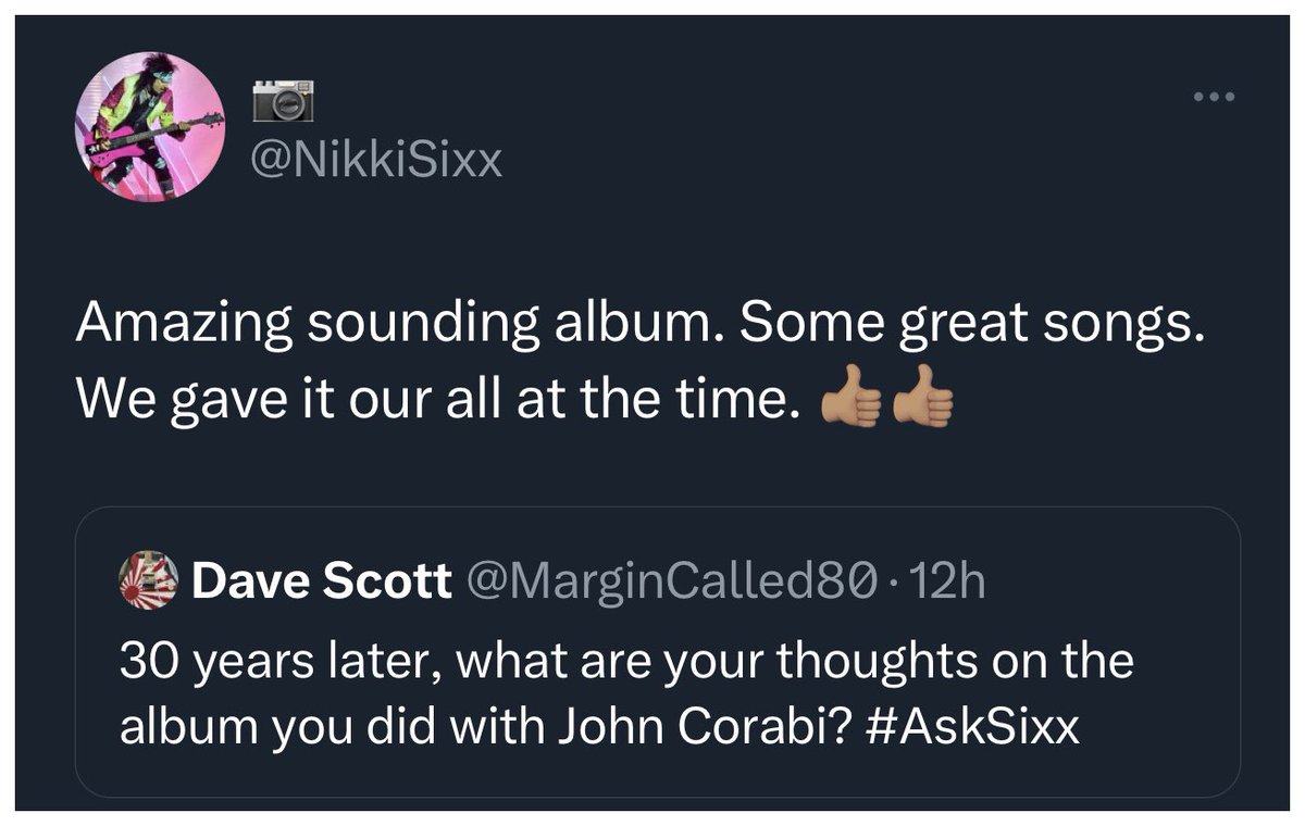 During an #AskNikki Q&amp;A yesterday, <a href="/NikkiSixx/">📷</a> offered his thoughts on Mötley Crüe’s 1994 album with singer John Corabi #music #90s