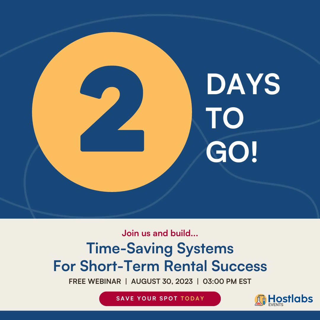 hostlabsco's tweet photo. 2️⃣ days to go before our limited-time webinar begins!

⏳Sign up today and let’s talk about how you can elevate and maintain your 5-star service. 

Read more here: https://t.co/iTj3zyzU9z

#hostlabsco #webinaralert #shorttermrentals #airbnbwebinar #rentalhome https://t.co/5LbzwFPQko