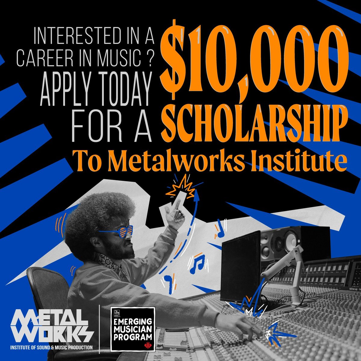 Applications are still being accepted for the <a href="/CWOFame/">Canada’s Walk of Fame</a> #EmergingMusician x #Metalworks Scholarship for programs that start in September! 🎶

Apply now at metalworksinstitute.com/scholarships/c…

<a href="/metalworksARTS/">Metalworks Institute</a>
<a href="/metalworksSOUND/">Metalworks Studios</a>