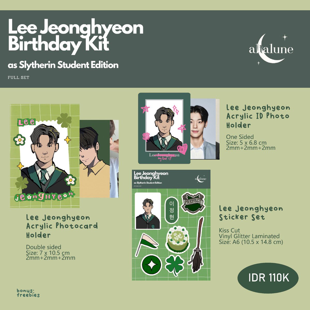 caranjiyappu's tweet photo. [Re-tweet and Likes are appreciated]

✨💚 Lee Jeonghyeon's Birthday Kit by Altalune 💚✨

📅 August 28th - September 11th 2023
📦 Est. 7-14 days after PO closed (Pelunasan by oren 🍊)
📍Bandung, Indonesia. 

For order, please click the link below!
https://t.co/pyrEHxj0aT https://t.co/S6sRQK2QAd