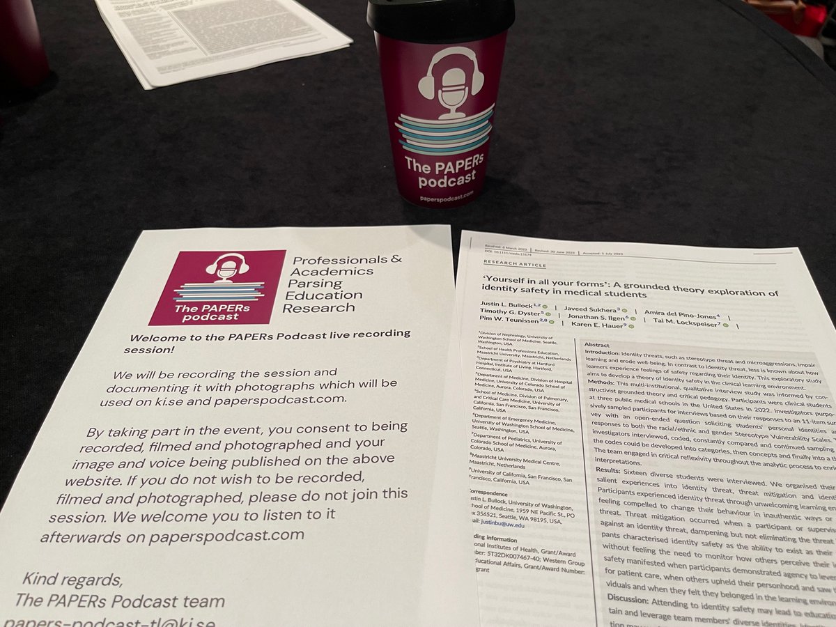 DocsWith's tweet photo. Thank you #AMEE2023 for an incredible @PapersPodcast live recording covering @jbullockruns et al paper, โYourself in all your forms.โ ๐
Special thanks to @LaraVarpio for the purple scrunchie!
#AccessInMedEd #MedEd #Belonging #Safety ๐ซ
A MUST READ: ๐https://t.co/5quYBf2IHP https://t.co/RgQKgHWy7a
