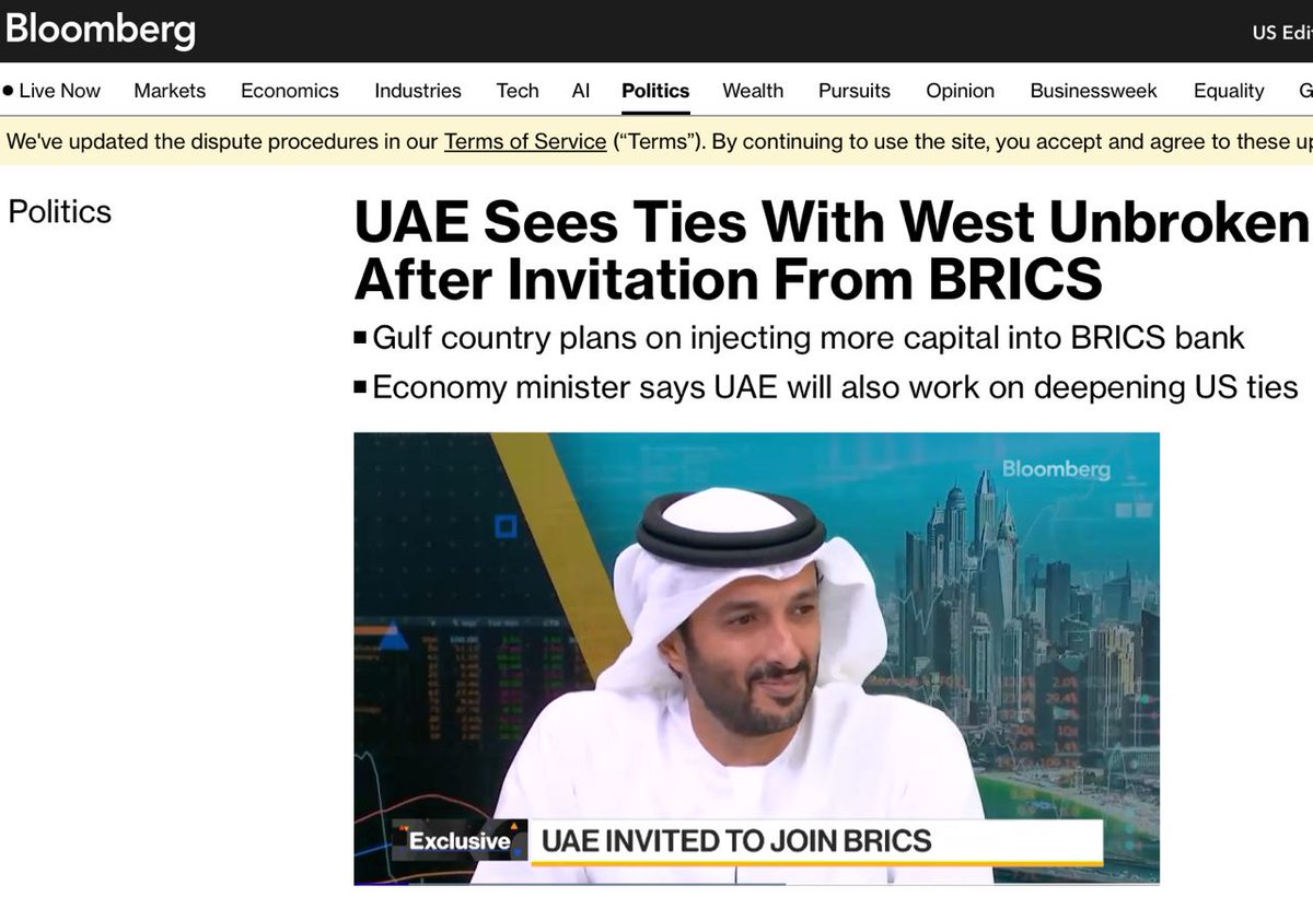 BPartisans's tweet photo. 🇦🇪 Bloomberg : les Émirats arabes unis vont augmenter le financement des banques BRICS

C'est ce qu'a déclaré le ministre de l'Économie des Émirats arabes unis , Abdullah bin Tuk Al Marri . Selon lui, "il existe un grand potentiel" pour accroître l'injection de capitaux des Émirats arabes unis dans la nouvelle banque de développement des BRICS.

❗️ Le ministre de l'Economie a également noté que l'adhésion des Émirats arabes unis aux BRICS n'affecterait pas négativement les liens du pays avec l'Occident et ne créerait pas d'opportunités pour augmenter les volumes d'échanges.

💬 "L'adhésion aux BRICS est d'une grande importance pour les Émirats arabes unis", a-t- il déclaré.

Auparavant, les Émirats arabes unis avaient été nommés parmi les pays candidats à l'adhésion à l'union.