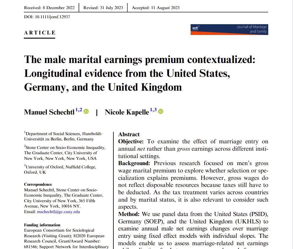 📢OUT NOW: collab w the 🚀🤓 @SchechtlM @JMF_NCFR onlinelibrary.wiley.com/doi/full/10.11…. Examining the effect of marriage on men's annual net rather than gross earnings in the US, Germany & UK, we highlight the relevance of tax policies as a driver of marital premiums.