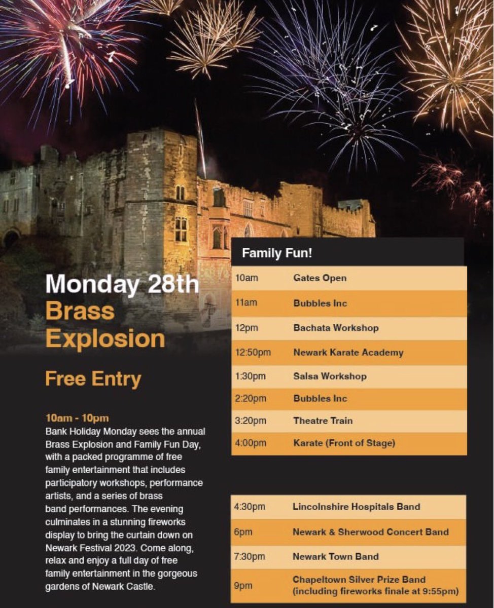DAY 4️⃣

Today is the annual Brass Explosion and Family Fun Day, with a packed programme of free family entertainment! 

Finish the Bank Holiday Festival with a bang by witnessing our firework finale🎆🎇