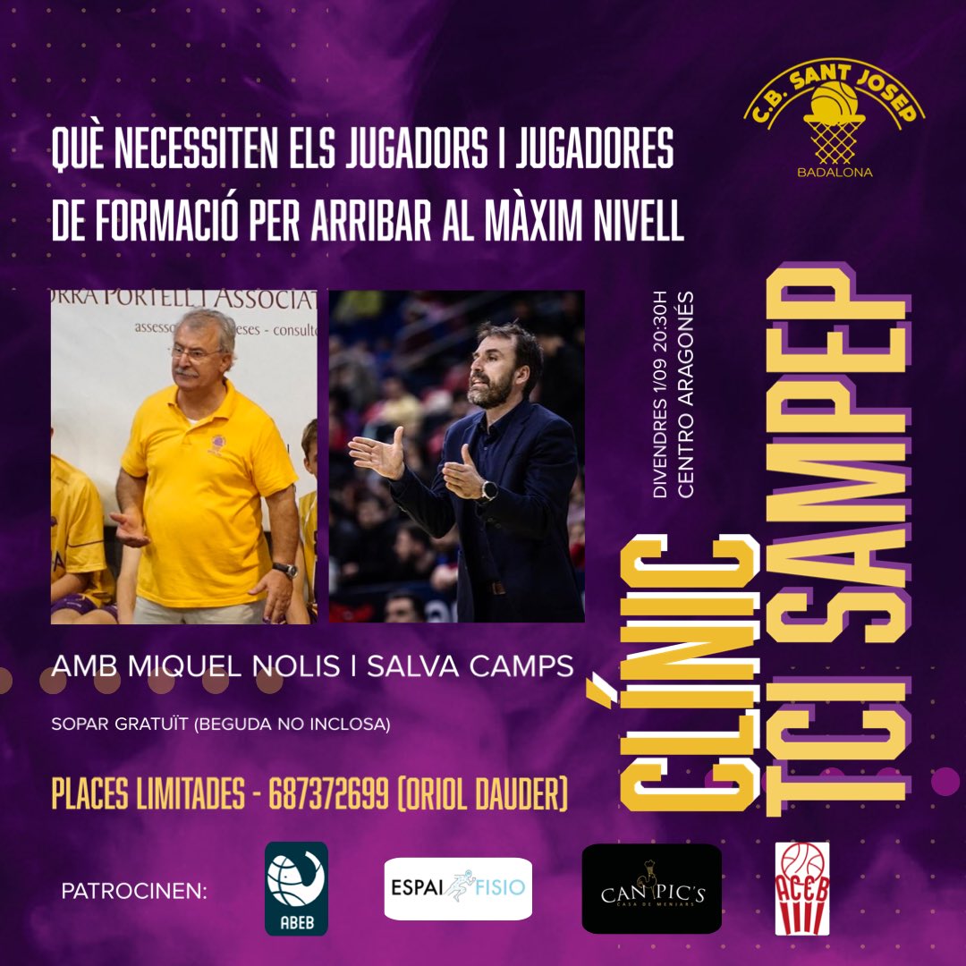 CBSantJosep's tweet photo. 🟡 Presentem el Clínic del #TCISampep 2023 🟣
De la mà de dues grans figures del bàsquet català: en Miquel Nolis i en Salva Camps
👉 L’1/09 a les 20:30h, us esperem per sopar i debatre!
Reserves al 687372699 (Oriol Dauder)
Correu, que són limitades!
#Badalona
#SampepÉsÚnic https://t.co/HRkfc95nSA