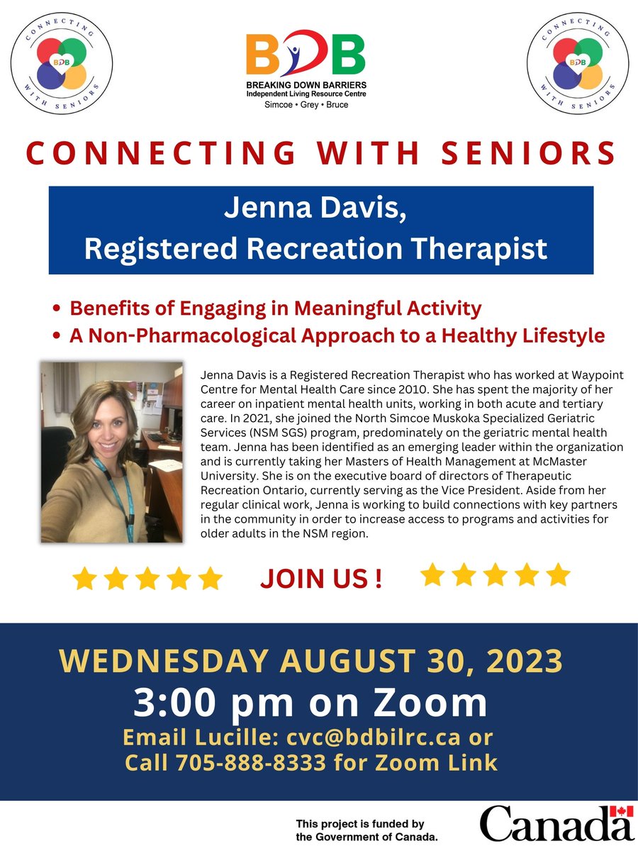 Wed Aug 30 @ 3pm is our Connecting w Seniors prog. This month we welcome Jenna Davis, a Registered Recreation Therapist who will discuss benefits of engaging in meaningful activity for older adults. If you haven't registered yet, email Lucille at cvc@bdbilrc.ca for the Zoom link.