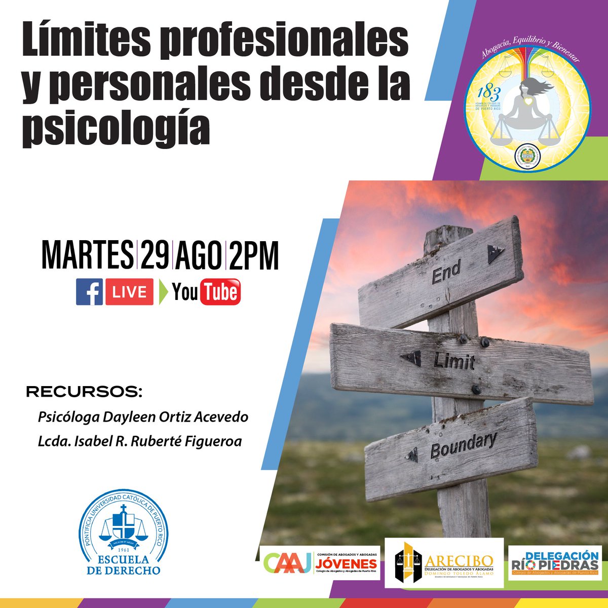 Foro para el martes, 29 de agosto de 2023 - 2pm

¡A cuidarnos! La psicología y la ética nos brindan herramientas para lograr bienestar en la vida personal y equilibrio en la vida profesional.