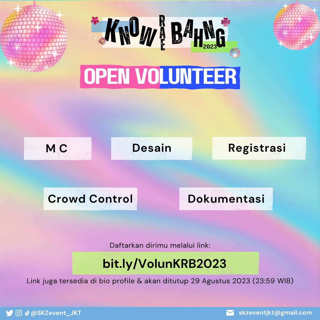 SKZevent_JKT's tweet photo. 【KNOWRAEBAHNG】
CALL FOR VOLUNTEER
Hi, Stay!!
@SKZevent_JKT membuka kesempatan bagi kalian yang mau ikut ambil bagian dalam mengurus event #KnowRaeBahng 2023
Info detailnya bisa dicek di poster.
Jika berminat, daftarkan dirimu melalui link pendaftaran di bio ya 😊 https://t.co/ITzTCNcyXa