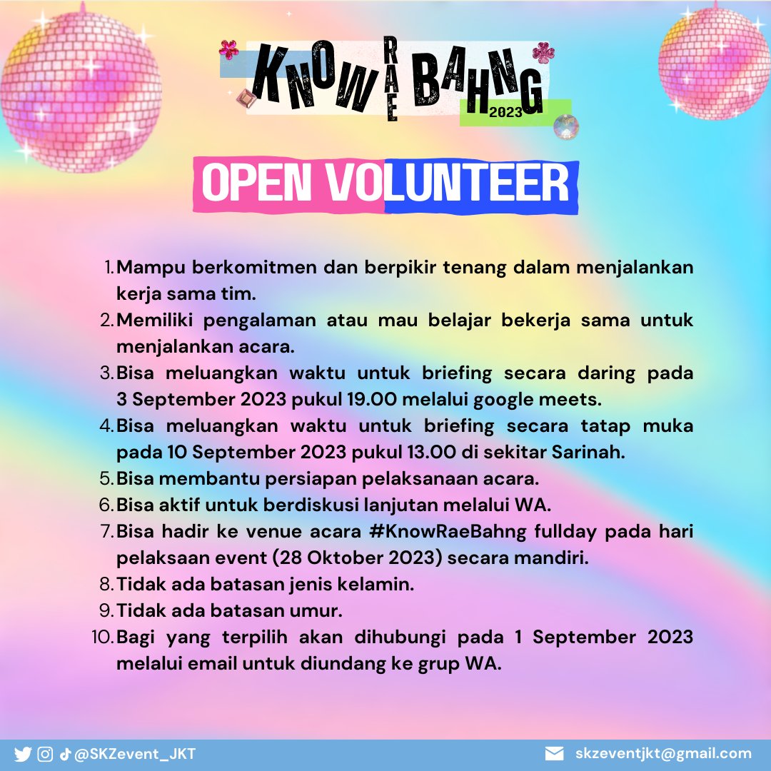 SKZevent_JKT's tweet photo. 【KNOWRAEBAHNG】
CALL FOR VOLUNTEER
Hi, Stay!!
@SKZevent_JKT membuka kesempatan bagi kalian yang mau ikut ambil bagian dalam mengurus event #KnowRaeBahng 2023
Info detailnya bisa dicek di poster.
Jika berminat, daftarkan dirimu melalui link pendaftaran di bio ya 😊 https://t.co/ITzTCNcyXa