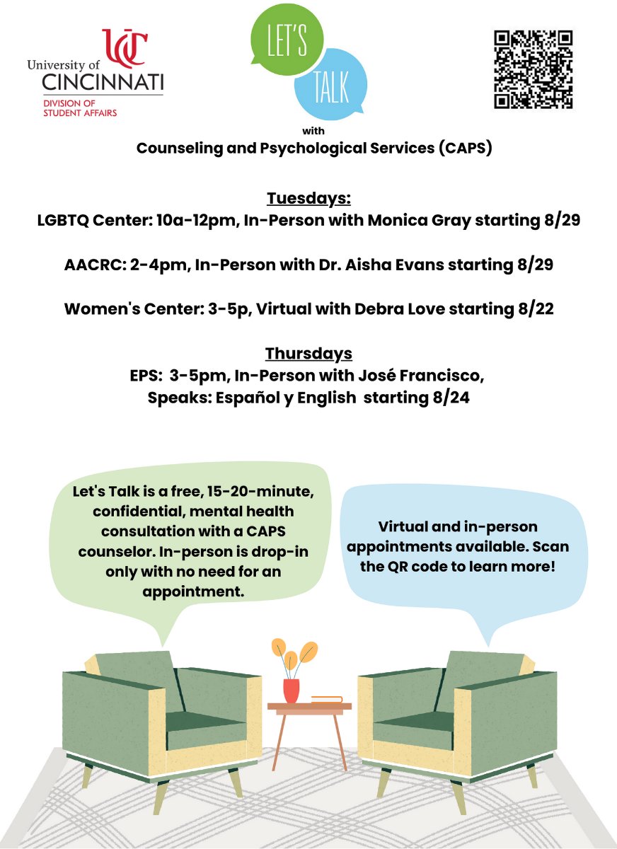 GradCollegeUC's tweet image. #MentalHealthMondays provides information about mental health resources to ensure grad life doesn’t overwhelm you. Visit our Counseling and Psychology Services (CAPS) office for free! They have counselors ready to help you!

#mentalhealth #mentalhealthawareness #counseling #UC