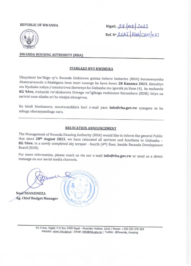 Rwanda_Housing's tweet photo. 🚨ANNOUNCEMENT🚨
The Management of Rwanda Housing Authority (RHA) would like to inform the general Public that effective from 28-08-2023, we've relocated all services and functions to #Gishushu  KG 9Ave, in a newly completed sky scraper -  4th floor, beside #RDB. 
@RwandaInfra https://t.co/uDBRf9NS96
