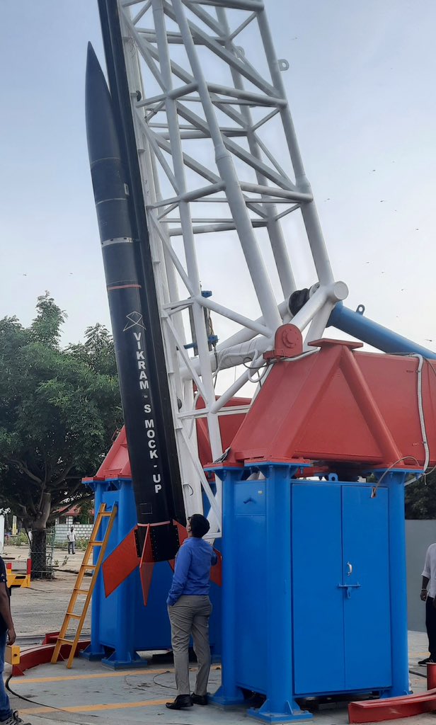 A memorable moment from exactly a year ago, in August 2022, we had our first mock-up assembly of Vikram-S with the launcher at Sriharikota. The first sight of it locking into the launcher and lifting up to aim at the skies was absolutely electrifying! 🚀✨ #PrarambhChronicles