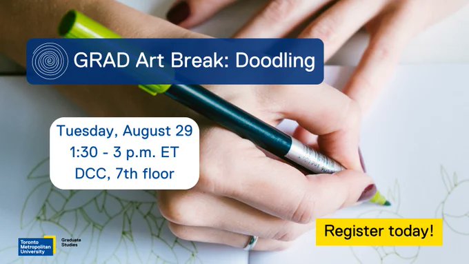 Orientation can be overwhelming; we’re here to help! Register today for the final summer GRAD Art Break session this Tues., Aug. 29 and practise doodling techniques for mental health! All materials provided; no artistic experience required. rebrand.ly/5h3wzvu