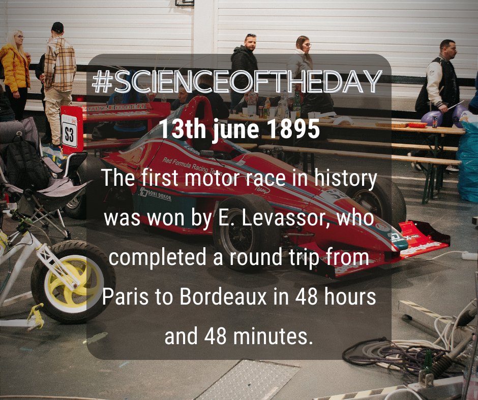 Scienceoftheday's tweet photo. 🏎️💨The fast track to history! On 13 June 1895, E. Levassor achieved a remarkable feat by becoming the winner of the very first motor race. He completed a round trip between Paris and Bordeaux in an exceptional time of 48 hours and 48 minutes.🏁#ScienceOfTheDay  #RacingPioneers https://t.co/YeGTOB7NNJ