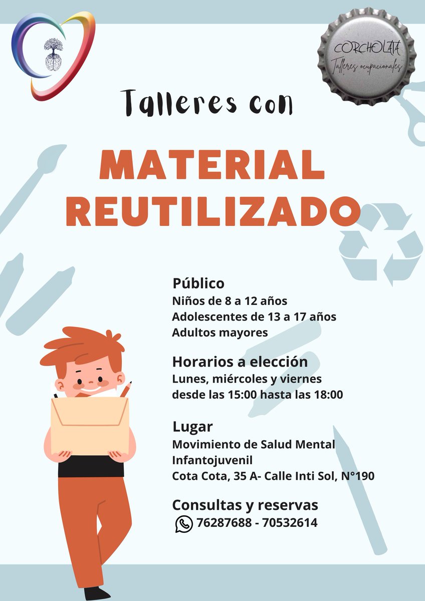 CorcholataBo's tweet photo. ¡Tenemos un nuevo proyecto!

Junto al Movimiento de Salud Mental Infantojuvenil abrimos TALLERES DE TERAPIA OCUPACIONAL para hacer manualidades con material reutilizado ❤️♻️. 

📲 Para más información, comunícate: https://t.co/bqPKwEX9EN https://t.co/vbQpeg1Kwq