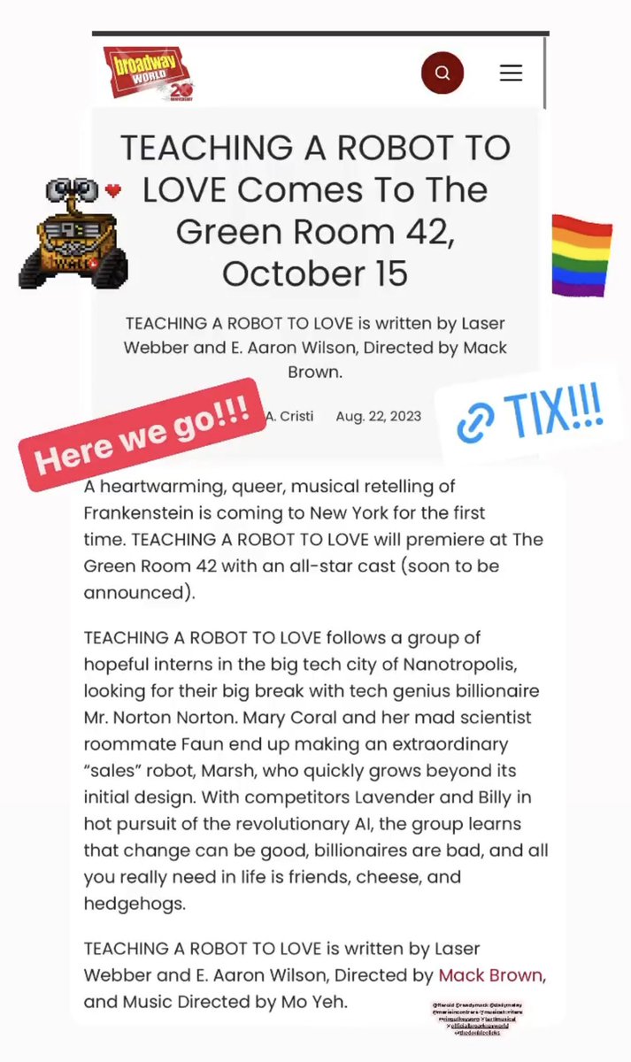 lasertheboy's tweet photo. ANNOUNCEMENT TIME:
For the first time ever, TEACHING A ROBOT TO LOVE is coming to NEW YORK CITY!
See ya Oct 15 (during NYCC!) at GREEN ROOM 42 (holy cow!) with a live band and a cast that will BLOW YOUR MIND.
Check it directly out:
https://t.co/xmNBL1FlYq
#tartlmusical https://t.co/I95sEfwB86