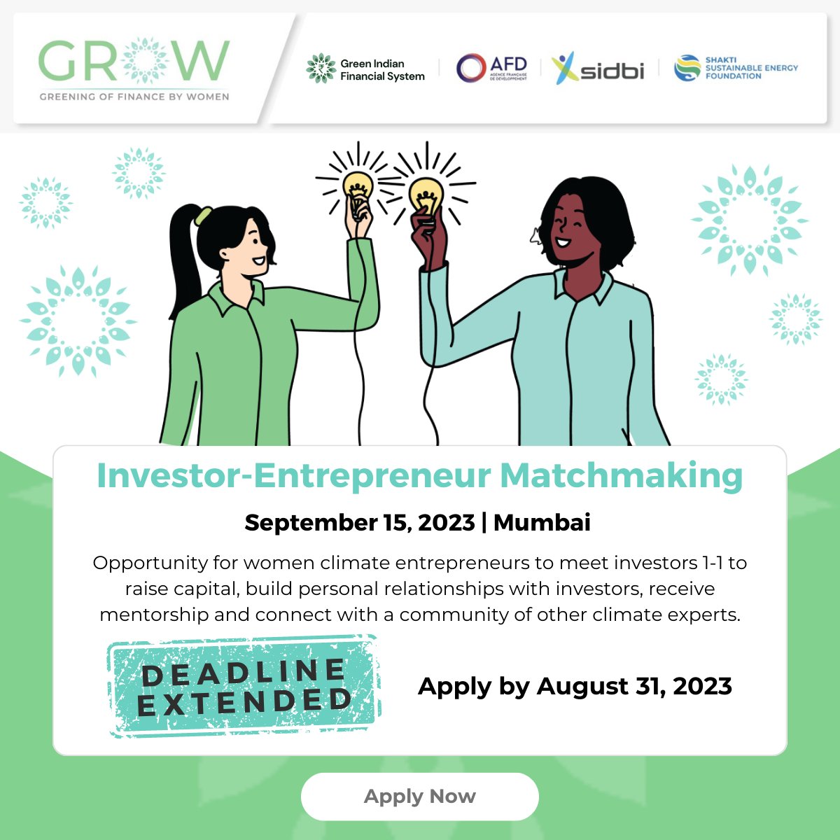 Greening of Finance by Women (GroW)'s call for applications to Women Entrepreneurs in Climate Solutions are still open!

Funding stage: Seed and Pre-Series
Geographical focus: India
Deadline Extended to August 31, 2023, 11:59 PM IST.

Apply Now: bit.ly/44oEcTD