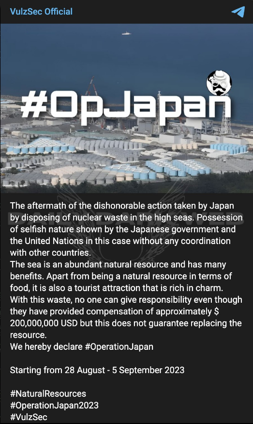 DailyDarkWeb's tweet photo. #Japan π―π΅- VulzSec have announced that they started Cyber Attacks at Japan Government.
Starting from 28 August - 5 September 2023π½
#VulzSec #DarkWeb https://t.co/SM9gXqLvXY