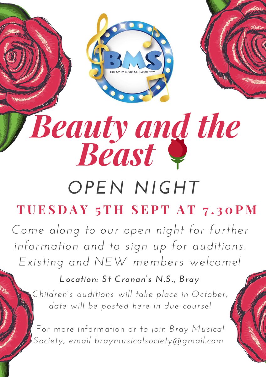 BrayMusical's tweet photo. The Open Night for Bray Musical Society’s pantomime production of Beauty and the Beast takes place next week! This will be a great opportunity for old members to reconnect and new members to join!
We can’t wait to see you all there! 
(Auditions will take place on Thurs 7th Sept) https://t.co/Vup86GX5C0